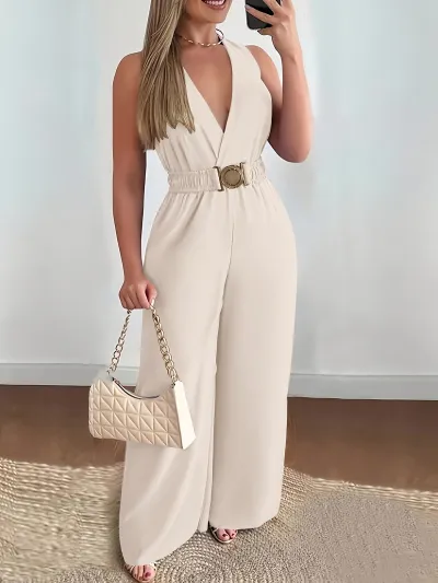 Women Fashion Casual Spring And Summer Solid Color Deep V-Neck Sleeveless Wide Leg Jumpsuit