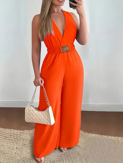 Women Fashion Casual Spring And Summer Solid Color Deep V-Neck Sleeveless Wide Leg Jumpsuit