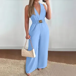 Women Fashion Casual Spring And Summer Solid Color Deep V-Neck Sleeveless Wide Leg Jumpsuit