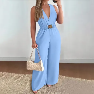 Women Fashion Casual Spring And Summer Solid Color Deep V-Neck Sleeveless Wide Leg Jumpsuit