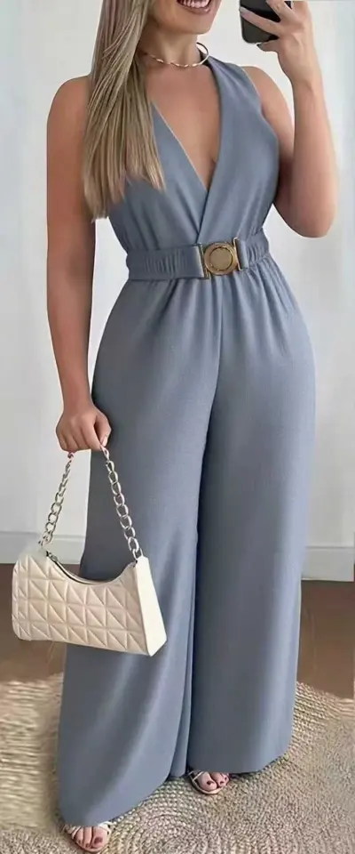 Women Fashion Casual Spring And Summer Solid Color Deep V-Neck Sleeveless Wide Leg Jumpsuit