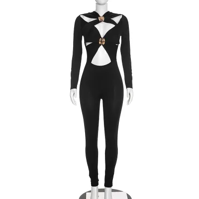 Women'S Fashion Sexy Solid Color Hollow Metal Button Long Sleeve Tight Jumpsuits