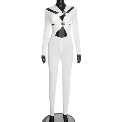 Women'S Fashion Sexy Solid Color Hollow Metal Button Long Sleeve Tight Jumpsuits