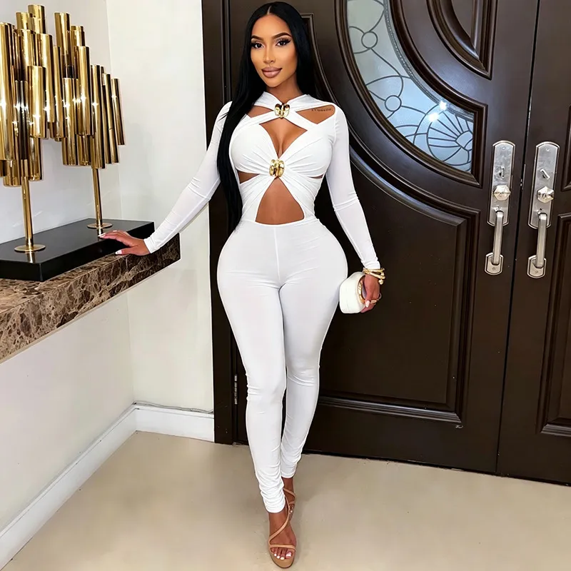 Women'S Fashion Sexy Solid Color Hollow Metal Button Long Sleeve Tight Jumpsuits