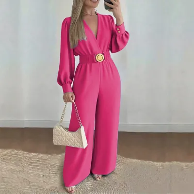 Women'S Fashion Casual Autumn Solid Color V-Neck Bubble Long-Sleeve Metal Buckle Belt Wide-Leg Jumpsuit