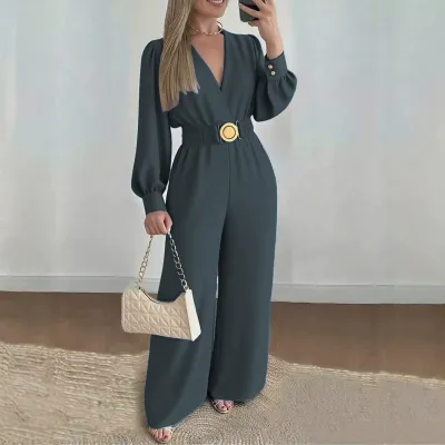 Women'S Fashion Casual Autumn Solid Color V-Neck Bubble Long-Sleeve Metal Buckle Belt Wide-Leg Jumpsuit