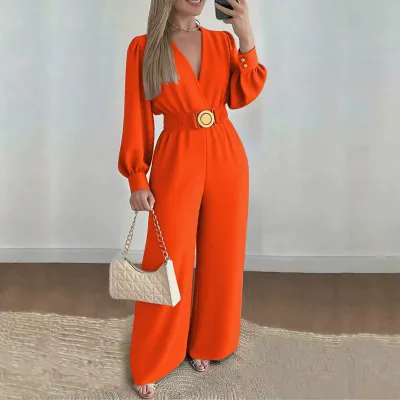 Women'S Fashion Casual Autumn Solid Color V-Neck Bubble Long-Sleeve Metal Buckle Belt Wide-Leg Jumpsuit