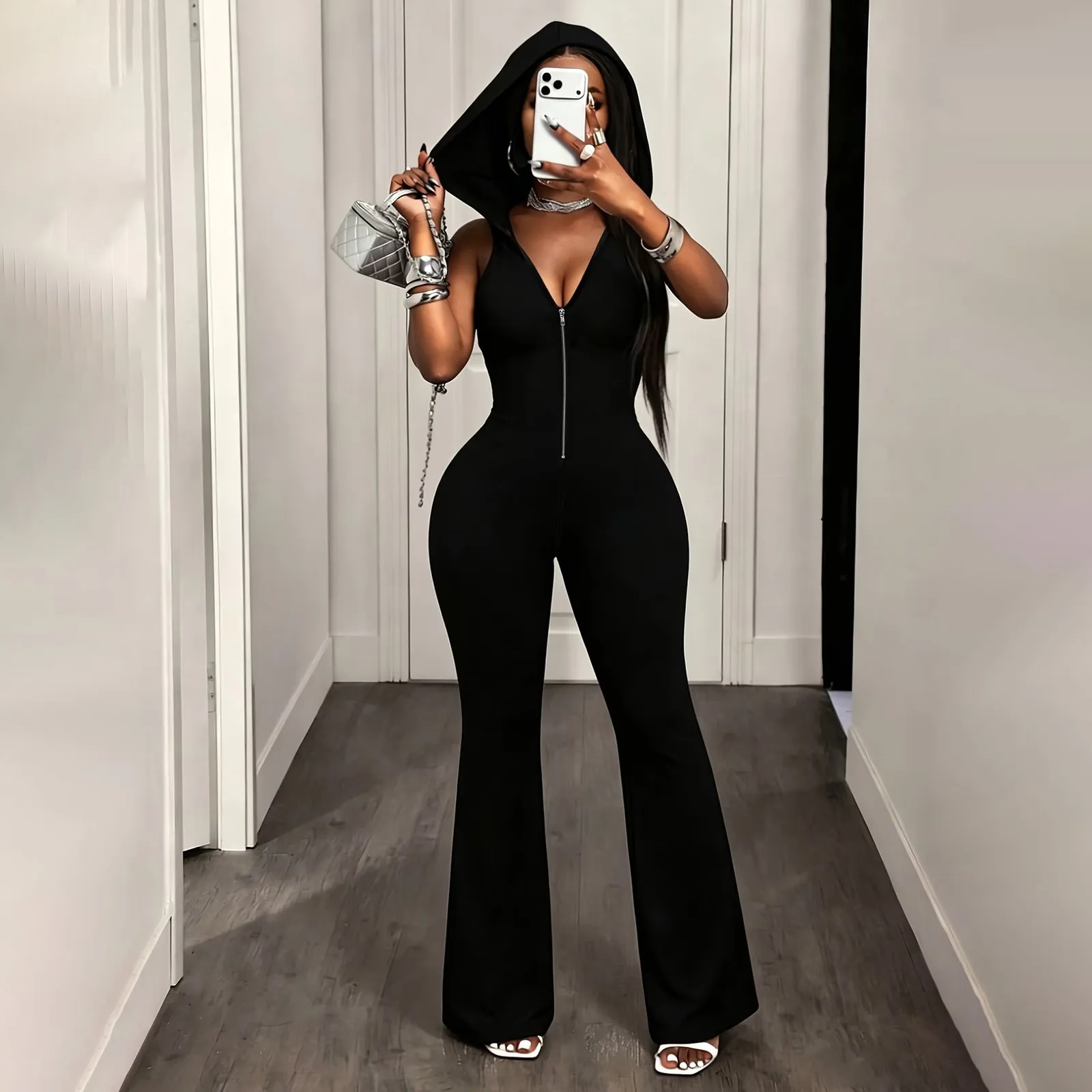 Women Fashion Sexy Solid Color Sleeveless Backless Zipper With Hat Slim-Fit Jumpsuits