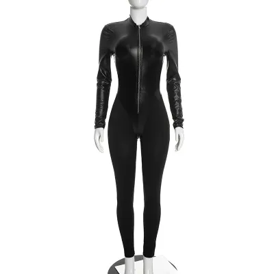 Women Fashion Sexy Autumn And Winter Solid Color Pu Leather Long-Sleeve Zipper Tight Jumpsuit