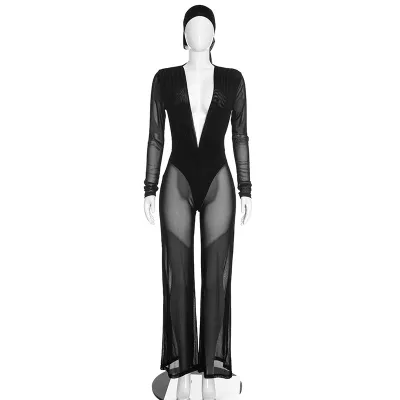 Women'S Fashion Sexy Solid Color Mesh Stitching Perspective Deep V -Neck Long Sleeve Jumpsuit