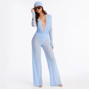 Women'S Fashion Sexy Solid Color Mesh Stitching Perspective Deep V -Neck Long Sleeve Jumpsuit