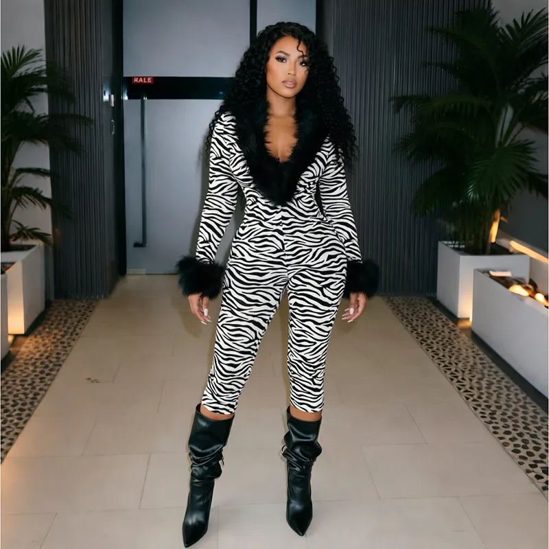 Women Fashion Sexy Autumn And Winter Zebra Printed Faux Fur Long Sleeve Slim-Fit Jumpsuit