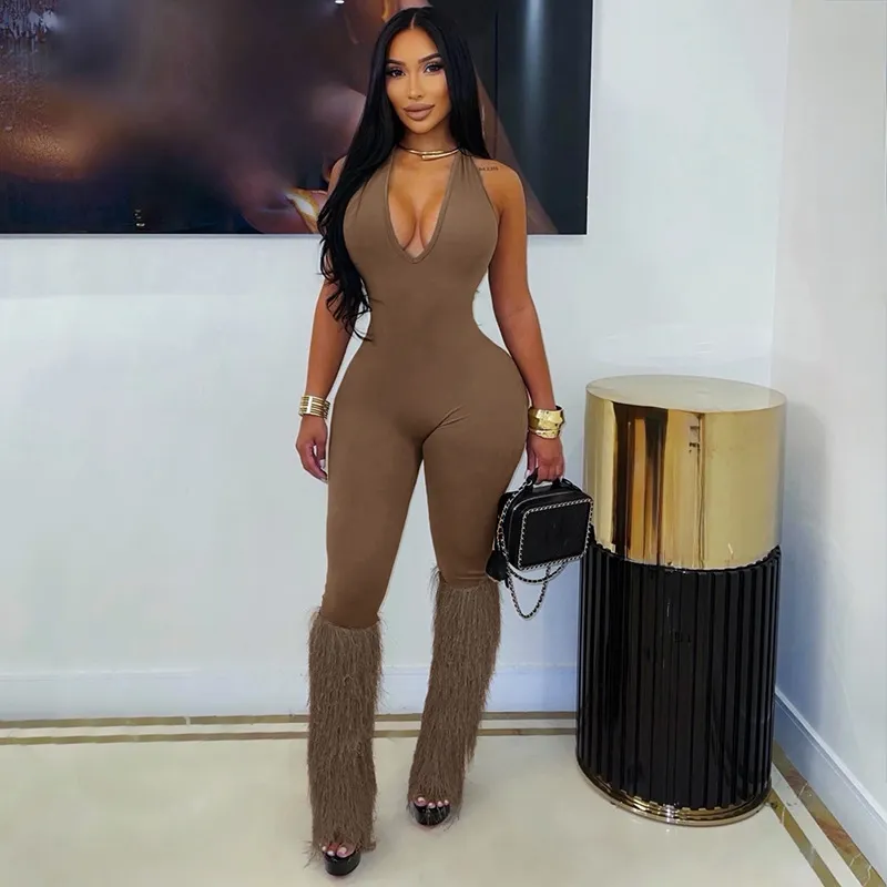 Women Fashion Sexy Autumn Solid Color Plush Stitching Halter-Neck Lace-Up Slim Fit Jumpsuit
