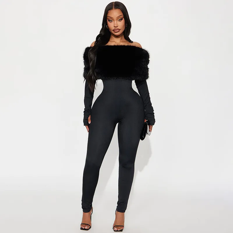 Women Fashion Sexy Autumn And Winter Solid Color Faux Fur Fluffy Off-Shoulder Long-Sleeve Tight Jumpsuits
