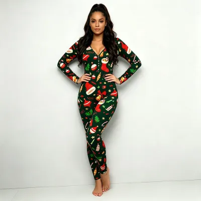 Christmas Women'S Fashion Casual Print Long Sleeve Tight Jumpsuits
