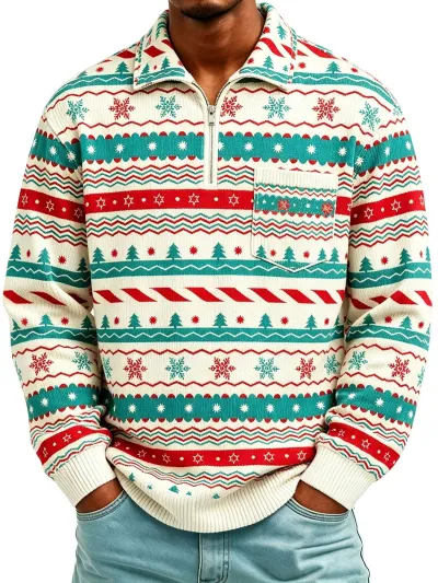Christmas Men'S Fashion Casual Autumn And Winter Fairisland Printed Lapel Long-Sleeve Loose Sweatshirt