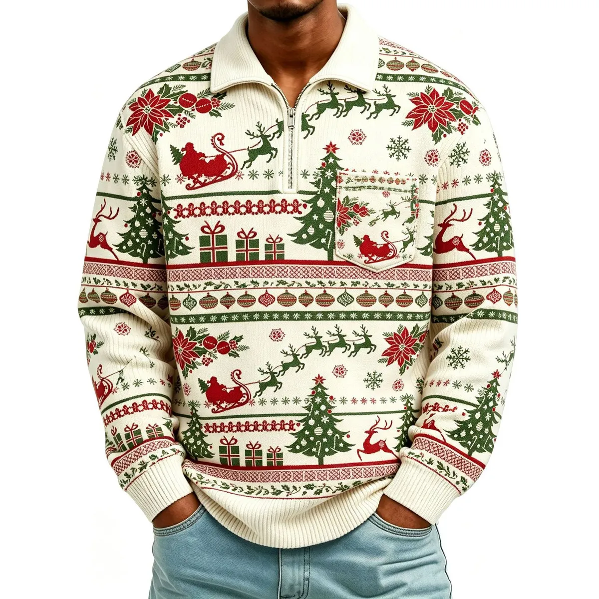 Christmas Men'S Fashion Casual Autumn And Winter Fairisland Printed Lapel Long-Sleeve Loose Sweatshirt