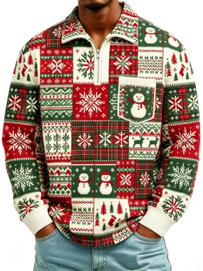 Christmas Men'S Fashion Casual Autumn And Winter Fairisland Printed Lapel Long-Sleeve Loose Sweatshirt