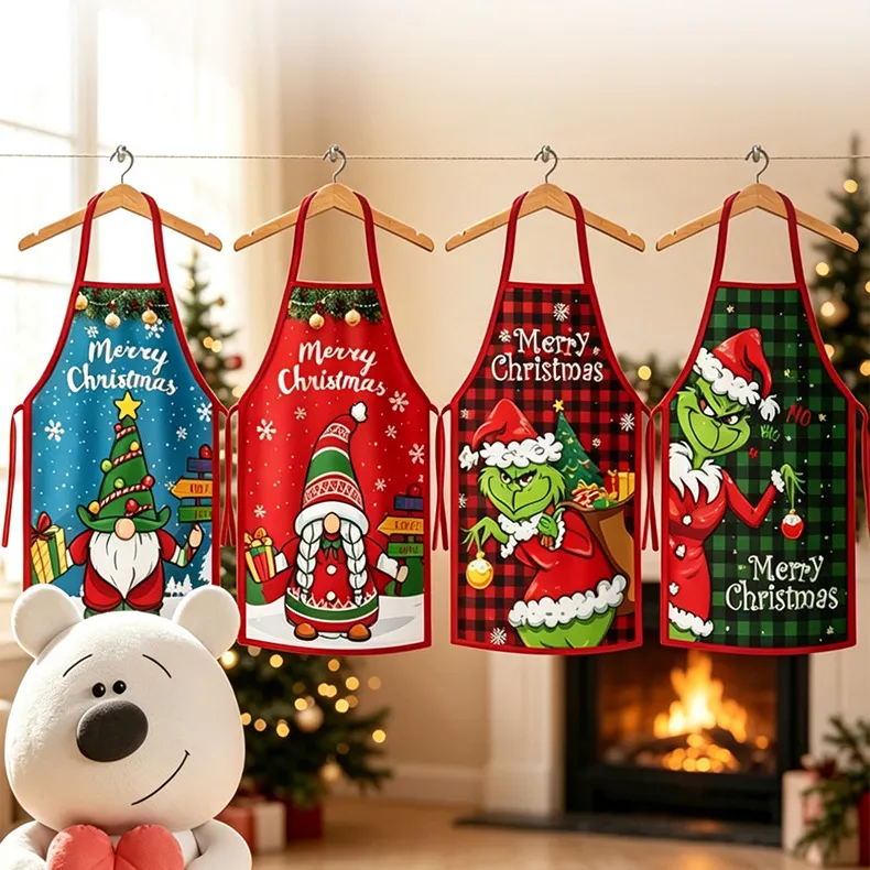 Christmas Fashion Grinch Santa Claus Printed Family Kitchen Apron