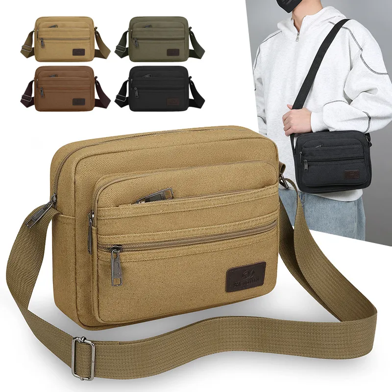 Men'S Fashion Casual Solid Color Thickened Multi-Layer Zipper Wear-Resistant Canvas Crossbody Bag