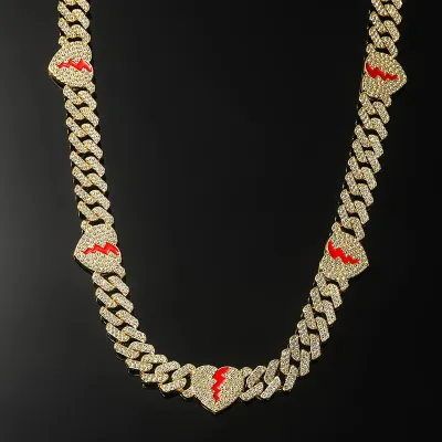 Men Fashion Hip Hop 10mm Rhinestone Heartbroken Full Drill Alloy Cuban Chain Necklace
