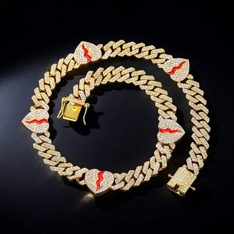 Men Fashion Hip Hop 10mm Rhinestone Heartbroken Full Drill Alloy Cuban Chain Necklace