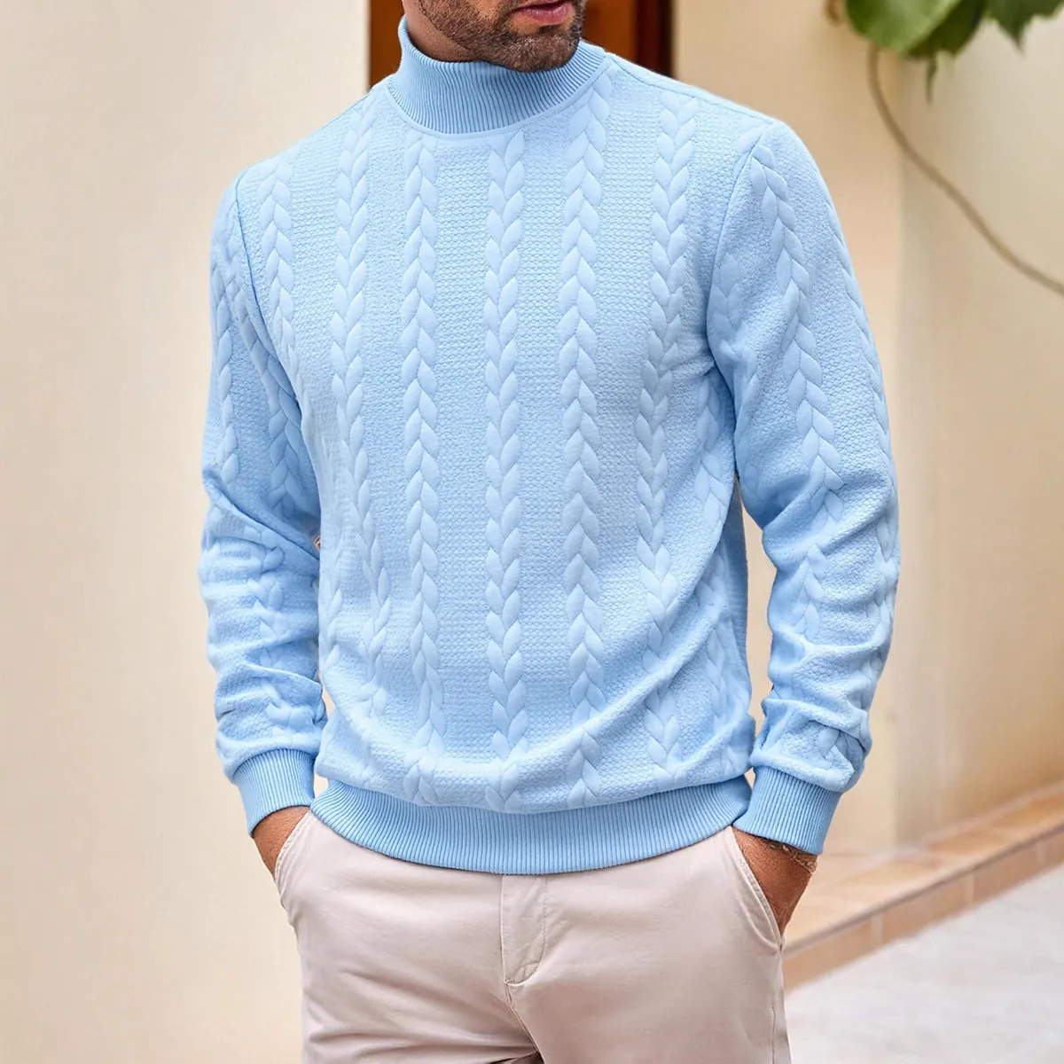 Men'S Fashion Casual Autumn And Winter Solid Color Jacquard High Collar Warm Long Sleeve Knitted Sweater