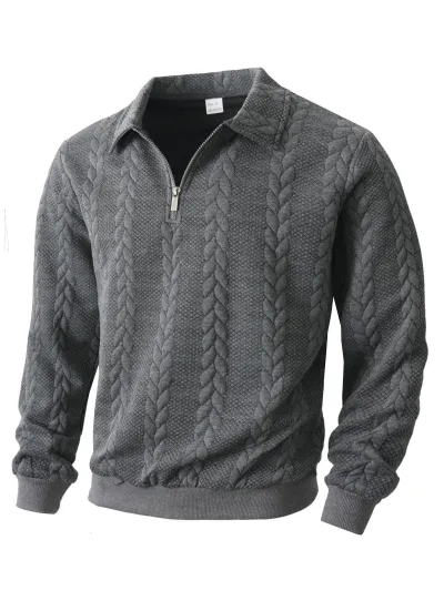 Men'S Fashion Casual Autumn And Winter Solid Color Jacquard Lapel Half-Placket Zipper Long-Sleeve Knitted Sweater