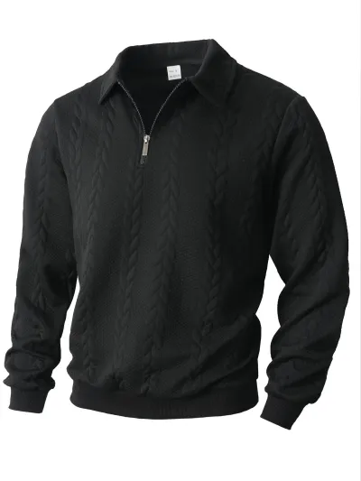 Men'S Fashion Casual Autumn And Winter Solid Color Jacquard Lapel Half-Placket Zipper Long-Sleeve Knitted Sweater