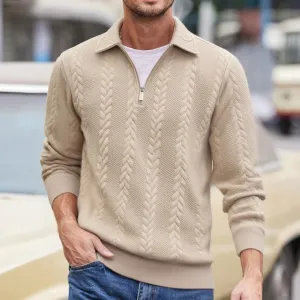 Men'S Fashion Casual Autumn And Winter Solid Color Jacquard Lapel Half-Placket Zipper Long-Sleeve Knitted Sweater