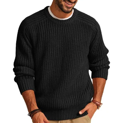Men'S Fashion Casual Autumn Winter Solid Color Round Neck Long Sleeve Loose Knitted Sweater