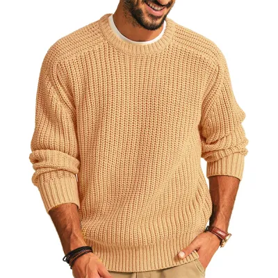 Men'S Fashion Casual Autumn Winter Solid Color Round Neck Long Sleeve Loose Knitted Sweater