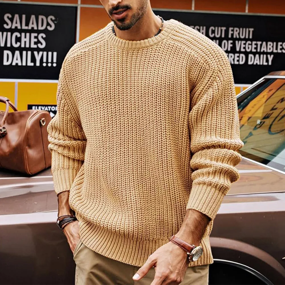 Men'S Fashion Casual Autumn Winter Solid Color Round Neck Long Sleeve Loose Knitted Sweater