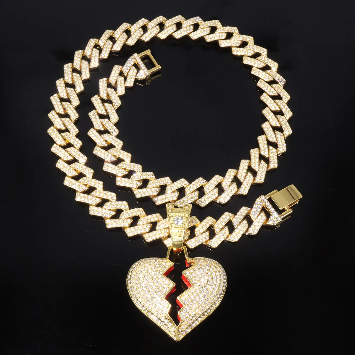 Men Fashion Hip Hop Rhinestone Broken Love Pendant Chain Cuban Necklace