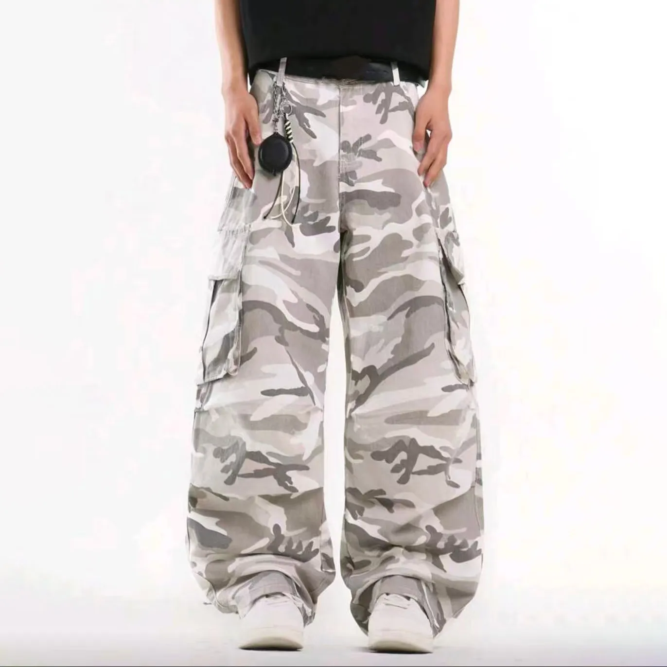 Men Fashion Casual Washed Camouflage Multi-Pocket Wide Leg Loose Cargo Pants