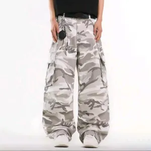 Men Fashion Casual Washed Camouflage Multi-Pocket Wide Leg Loose Cargo Pants