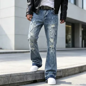 Men'S Fashion Casual Washed Stretch Slim-Fit Ripped Bootcut Jeans