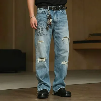 Men'S Fashion Casual Washed Printed Loose Ripped Straight Jeans