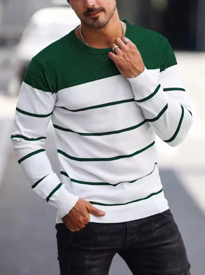 Men'S Fashion Casual Spring And Autumn Stripe Round Neck Long Sleeve T-Shirt