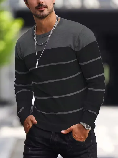 Men'S Fashion Casual Spring And Autumn Stripe Round Neck Long Sleeve T-Shirt