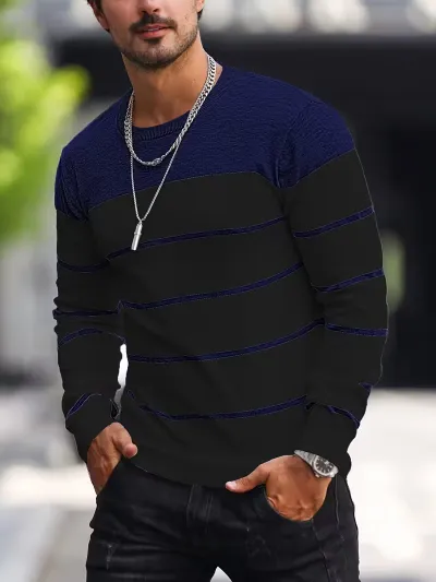 Men'S Fashion Casual Spring And Autumn Stripe Round Neck Long Sleeve T-Shirt