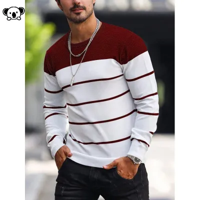 Men'S Fashion Casual Spring And Autumn Stripe Round Neck Long Sleeve T-Shirt