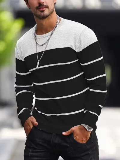 Men'S Fashion Casual Spring And Autumn Stripe Round Neck Long Sleeve T-Shirt