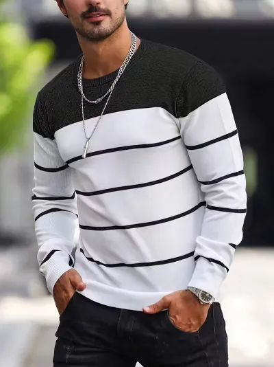 Men'S Fashion Casual Spring And Autumn Stripe Round Neck Long Sleeve T-Shirt