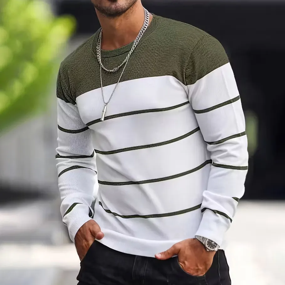 Men'S Fashion Casual Spring And Autumn Stripe Round Neck Long Sleeve T-Shirt