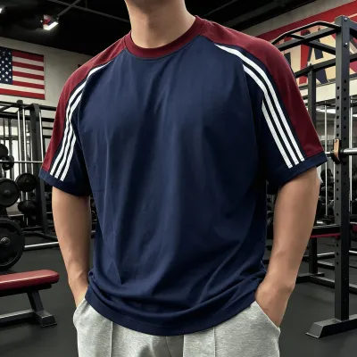 Men'S Fashion Casual Summer Contrast Color Stripe Round Neck Short-Sleeve T-Shirt