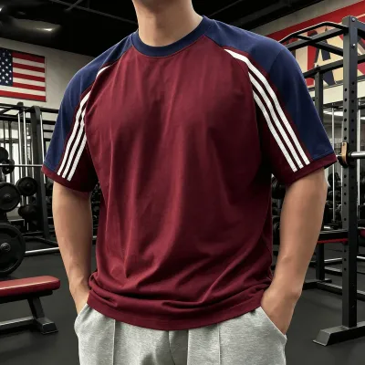 Men'S Fashion Casual Summer Contrast Color Stripe Round Neck Short-Sleeve T-Shirt