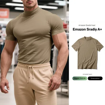 Men'S Fashion Summer Solid Color High Neck Short Sleeve Tight T-Shirt