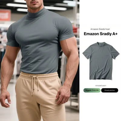 Men'S Fashion Summer Solid Color High Neck Short Sleeve Tight T-Shirt