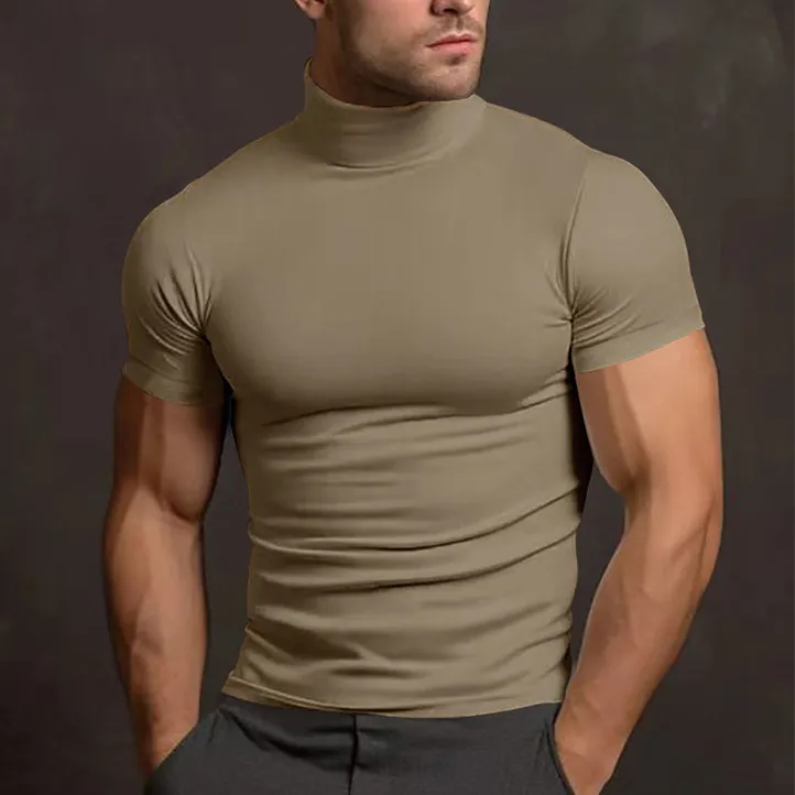 Men'S Fashion Summer Solid Color High Neck Short Sleeve Tight T-Shirt
